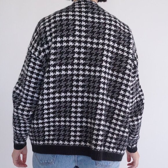 Vintage Tradition Sears Black White Knit Houndstooth Button Cardigan Sweater XL - Picture 3 of 11